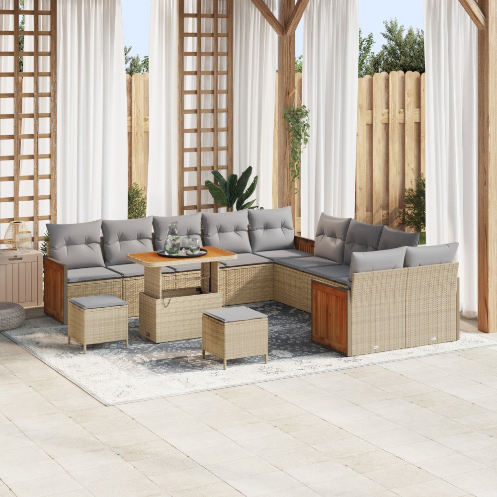 vidaXL 13-delad Trädgårdsofa Set med Kuddar Beige Poly Rattan Akacia, vidaXL 3-delad Trädgårds middagsset med Kuddar Beige Poly...