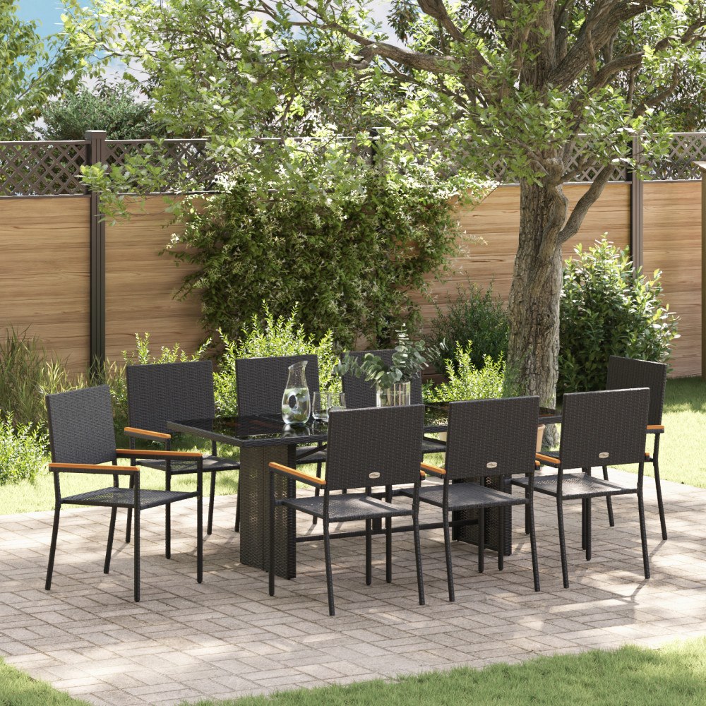 vidaXL Set om 9 till trädgården Svart Poly Rattan, vidaXL Stapelbara trädgårdsstolar med kuddar - Set om 2 i svart poly rattan