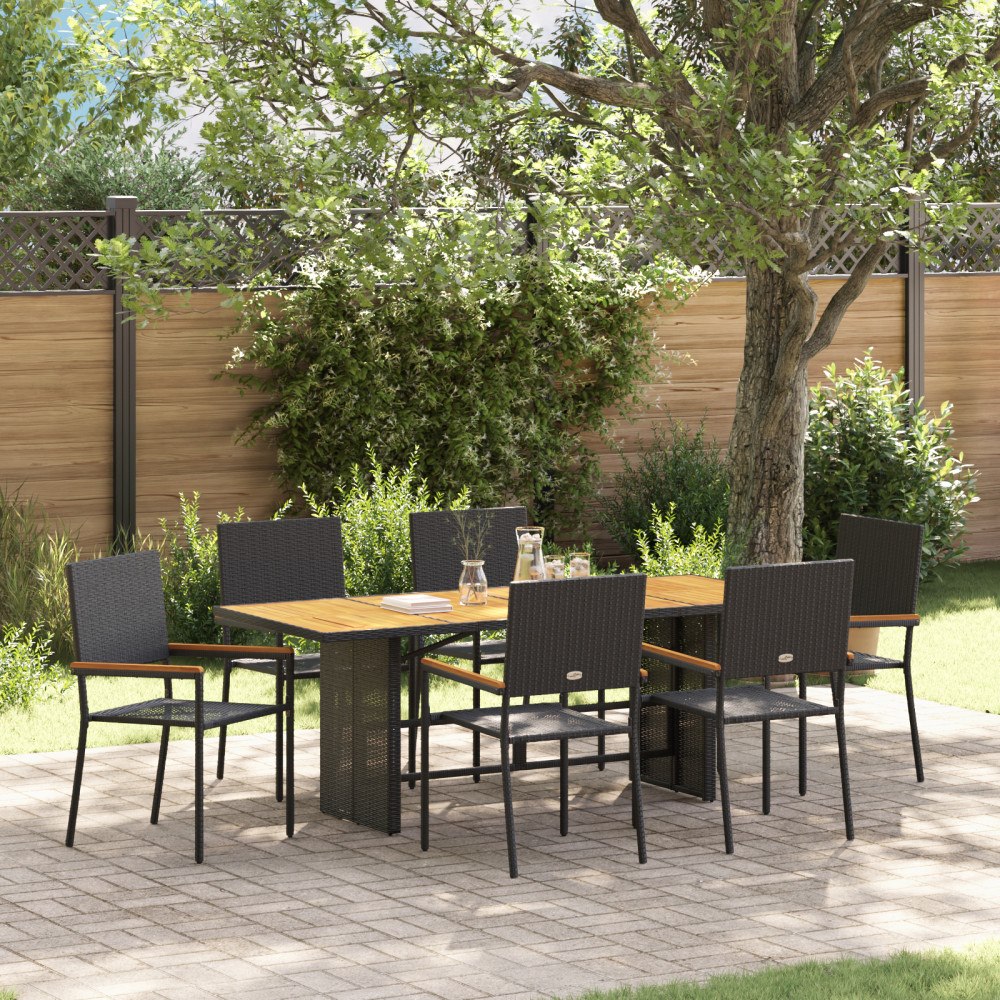vidaXL 7-delat trädgårds middagsset Svart Poly-rattan, vidaXL Stapelbara trädgårdsstolar med kuddar - 2-delat set i svart poly-...