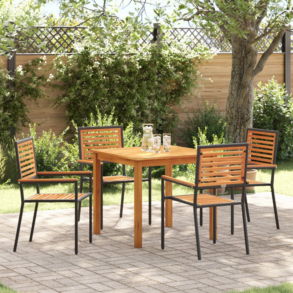vidaXL 5-delars trädgårdsmöbler Svart Poly Rattan Akaciaträ, vidaXL Stapelbara stolar med kuddar 2-pack Svart Poly Rattan