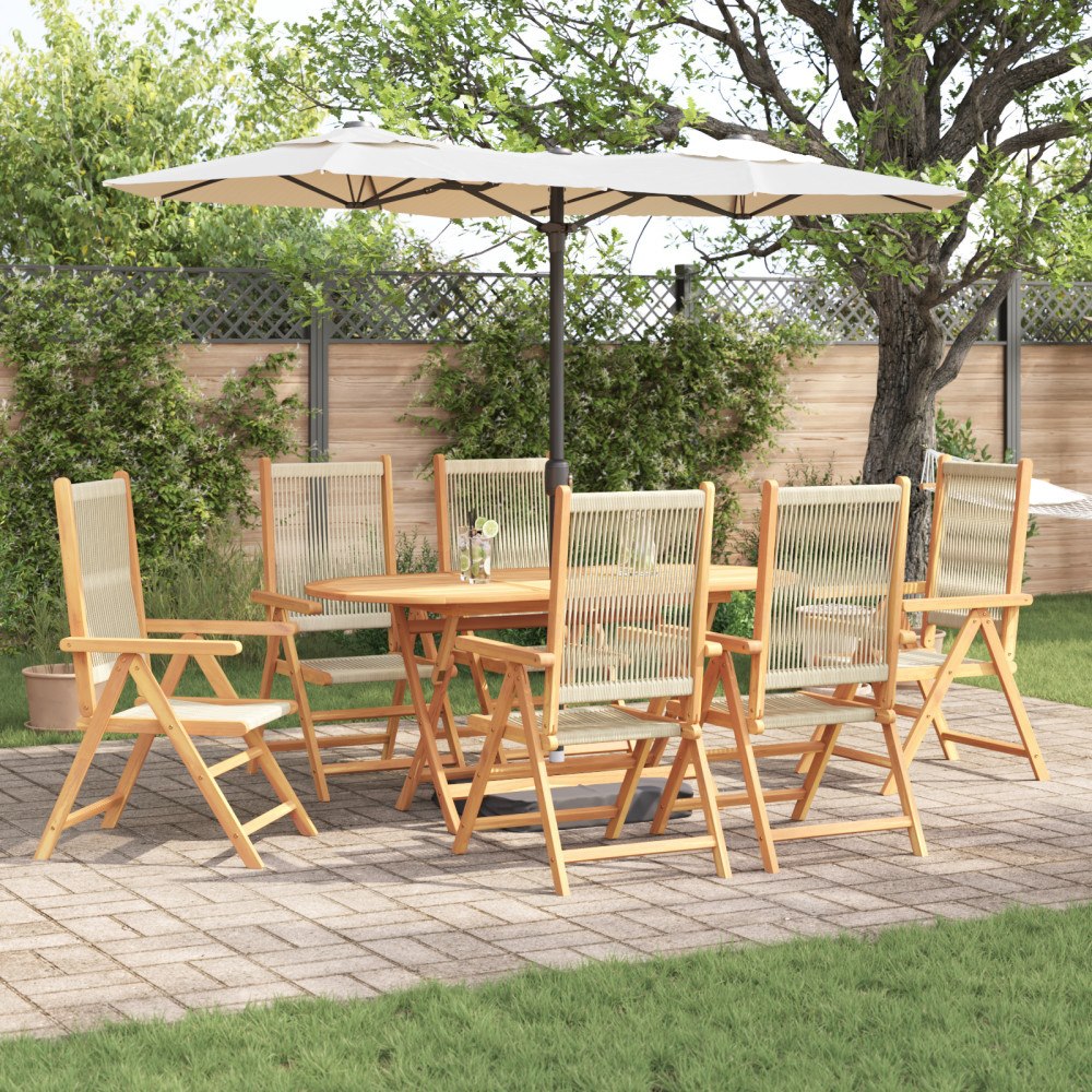 vidaXL 7 Delars Trädgårdsmatbordset i Beige, Gjort av Solitt Akaciaträ och Poly Rattan