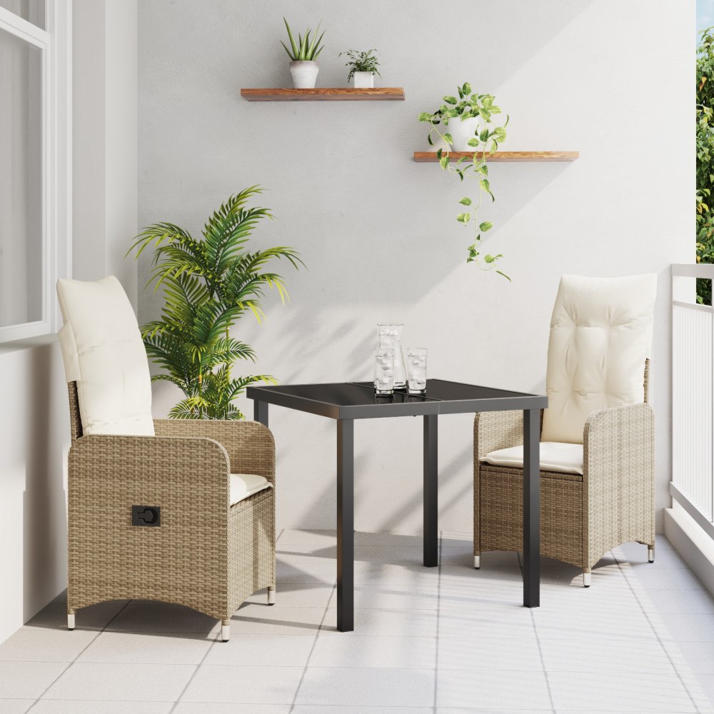 vidaXL 3-dels Trädgårdsdining Set med Kuddar Beige Poly Rattan