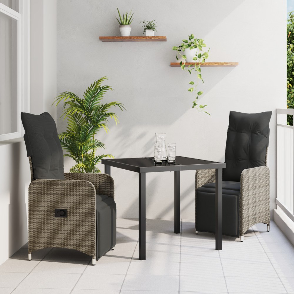 vidaXL 3-delat Trädgårdsserveringsset med Kuddar Grå Poly Rattan