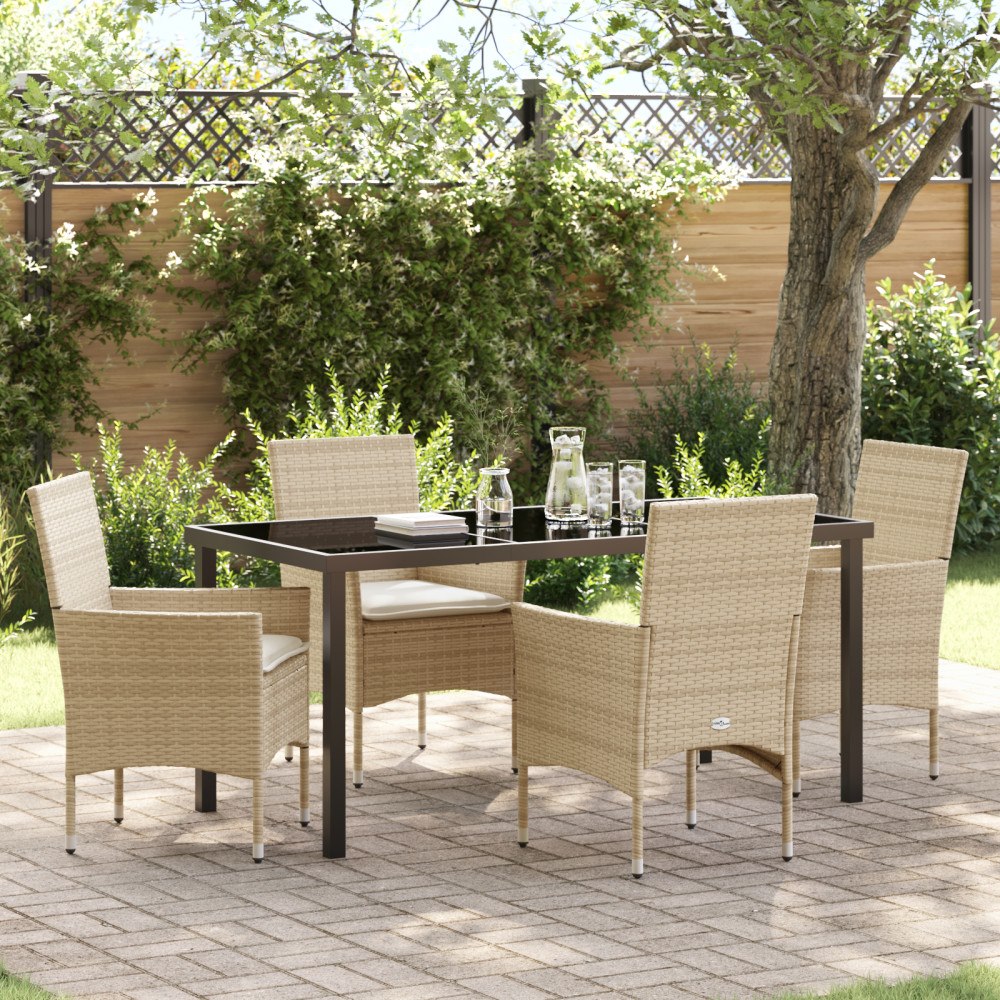 vidaXL 5-delat trädgårdsmatsalsset med kuddar beige poly rattan, vidaXL Trädgårdsbord svart 160x80x73 cm härdat glas