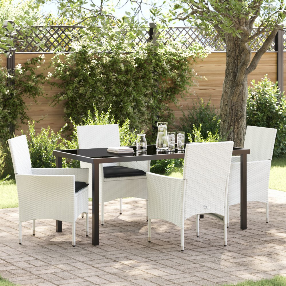 vidaXL 5-delat trädgårdsdining set med kuddar vit polyrotting, vidaXL Trädgårdsbord svart 160x80x73 cm härdat glas