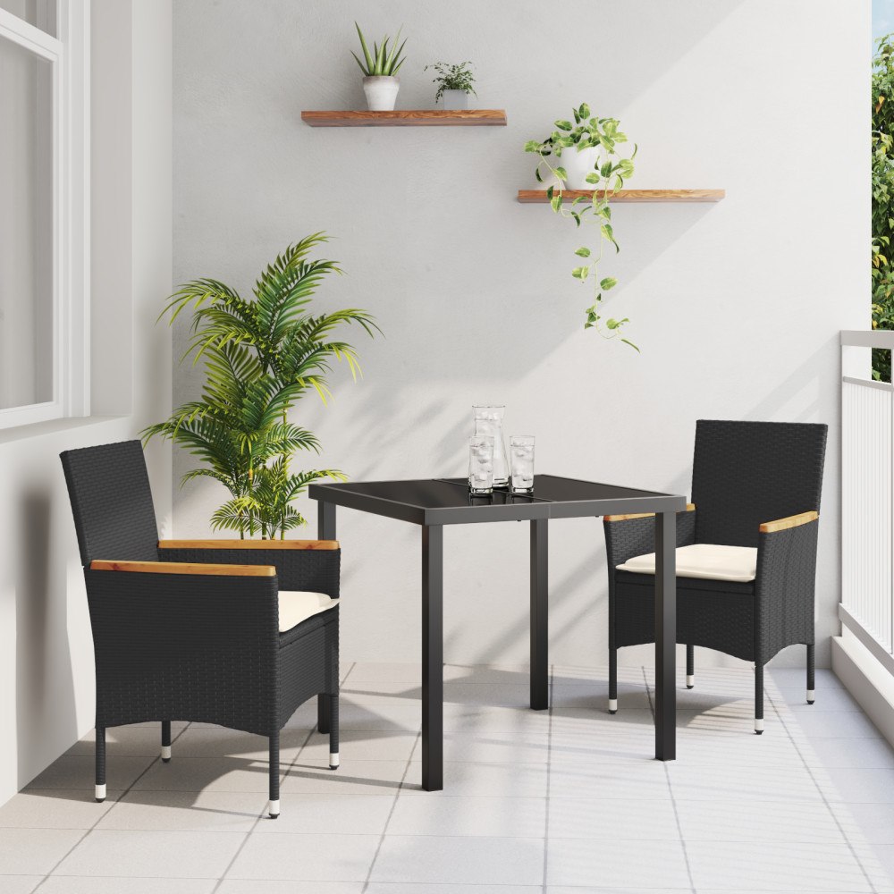 vidaXL 3-delat trädgårdsmatsalsset med kuddar Svart Poly Rattan