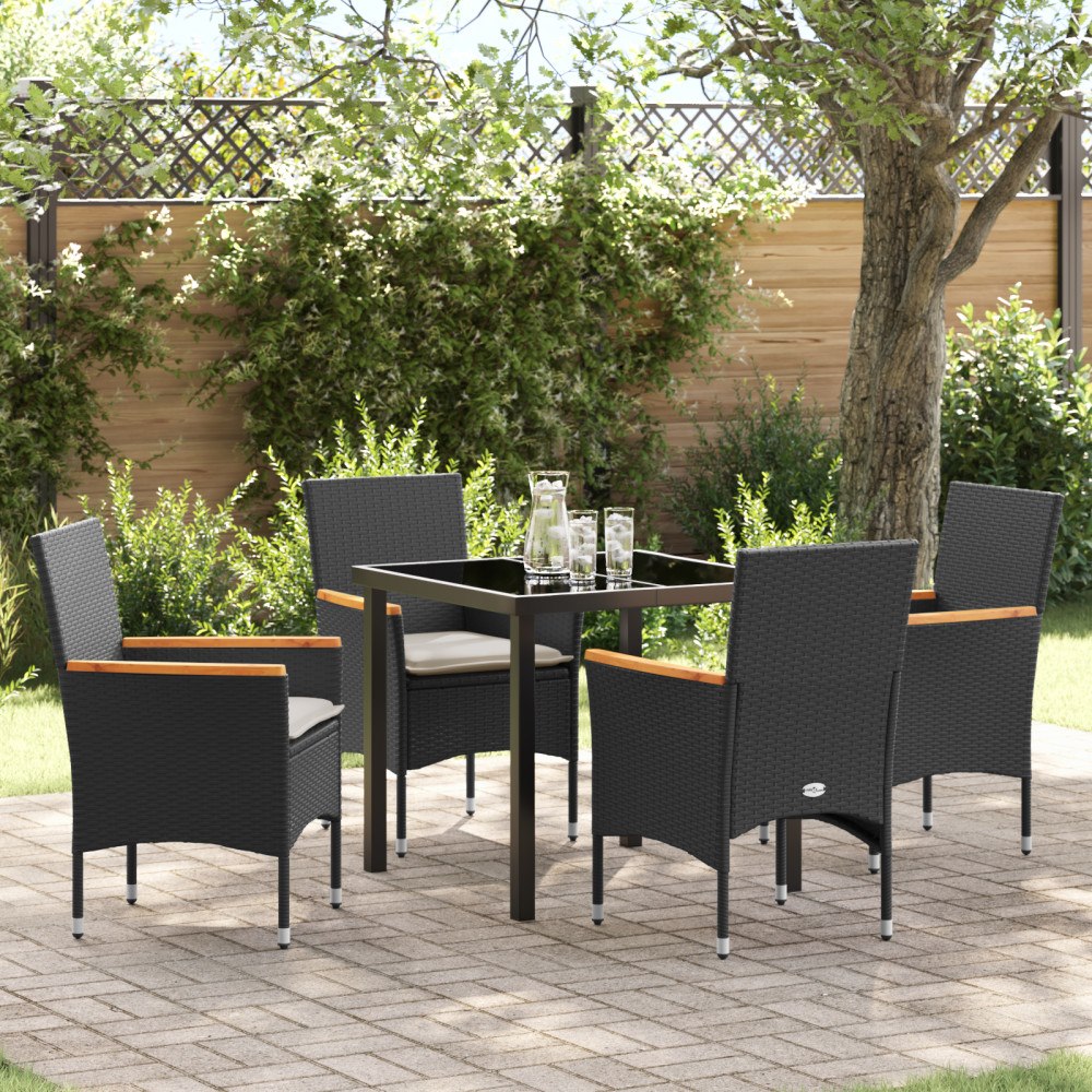 vidaXL 5 delar trädgårdsmatbord med kuddar i svart poly rattan, vidaXL trädgårdsbord i svart 80x80x73 cm med härdat glas