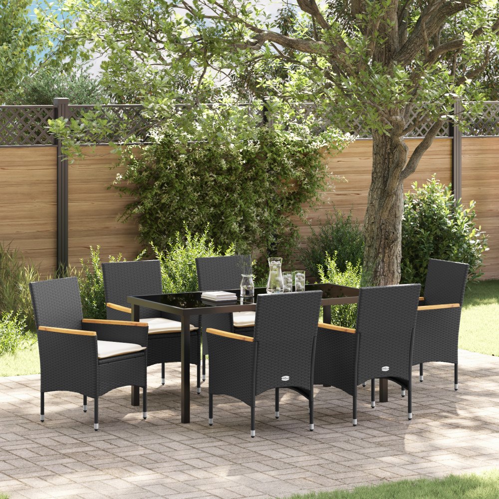vidaXL 7-delad trädgårdsmöbel med kuddar svart poly rattan, vidaXL Trädgårdsbord svart 160x80x73 cm härdat glas