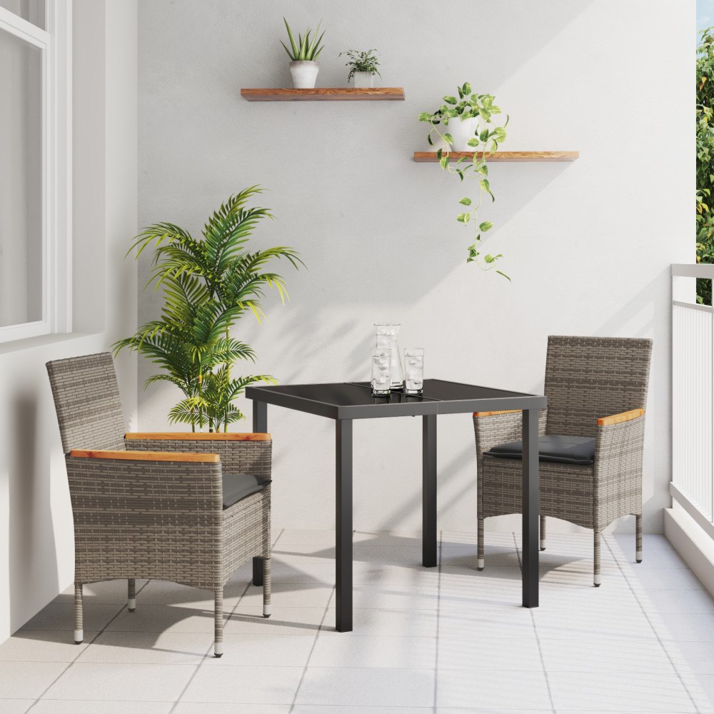 vidaXL 3-delars Trädgårds Matgrupp med Kuddar Grå Poly Rattan, vidaXL Trädgårdsbord Svart 80x80x73 cm Härdat Glas