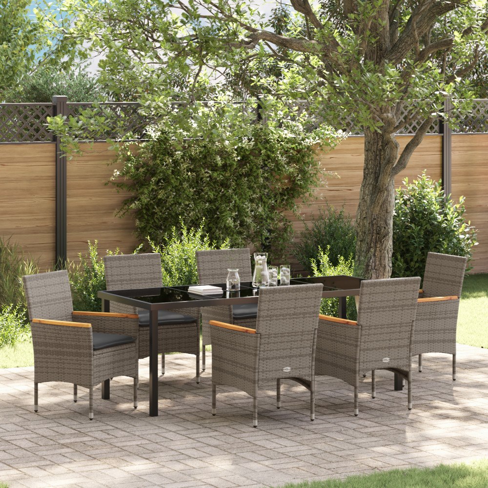 vidaXL 7-delat trädgårdsserveringsset med kuddar grå poly rattan, vidaXL Trädgårdsbord svart 200x80x73 cm härdat glas