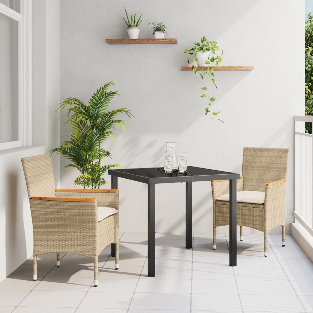 vidaXL 3-delat trädgårdsset med kuddar Beige Poly Rattan, vidaXL Trädgårdsbord Svart 80x80x73 cm Tempererat glas