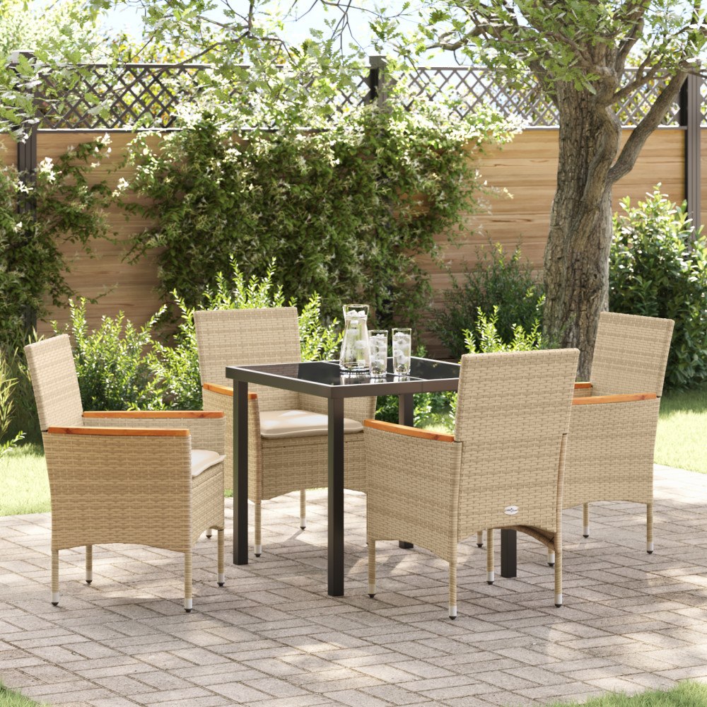 vidaXL 5-delat trädgårdsmöbelset med kuddar Beige Poly Rattan, vidaXL Trädgårdsbord Svart 80x80x73 cm Tempererat glas