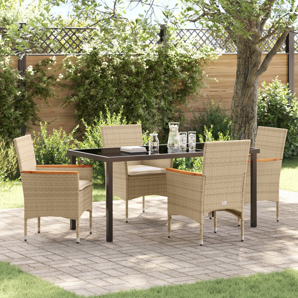 vidaXL 5-delat trädgårds matsals set med kuddar beige poly rattan, vidaXL Trädgårdsbord svart 160x80x73 cm härdat glas