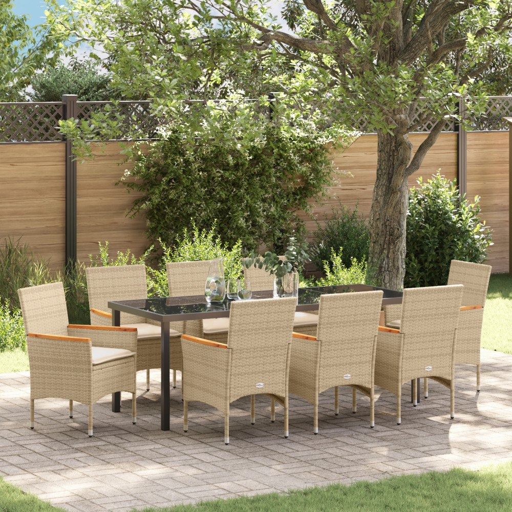 vidaXL Trädgårdsmöbelset med kudde 9 pcs Beige Poly rattan