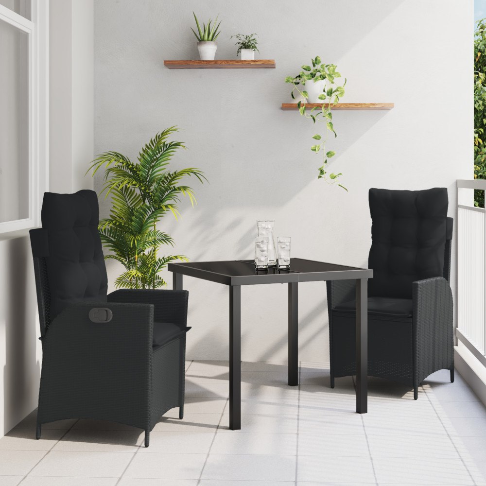vidaXL 3-delat trädgårds-dining set med kuddar svarta poly rattan