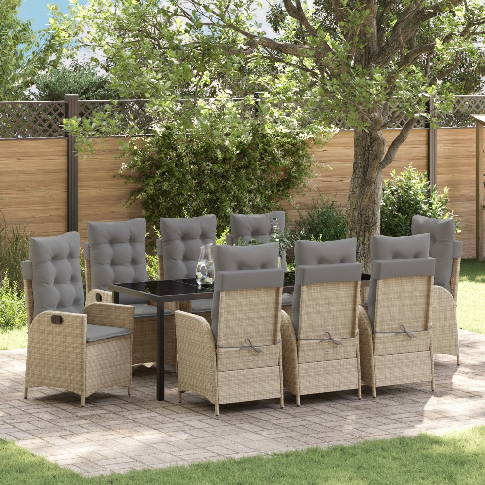 vidaXL 9 Delars Trädgårdsdining Set Med Kuddar Beige Poly Rattan
