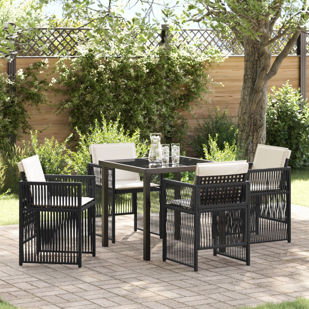 vidaXL 5 Delars Trädgårdsmöbelset med Kuddar Svart Poly Rattan, vidaXL Trädgårdsbord Svart 80x80x73 cm Härdat Glas