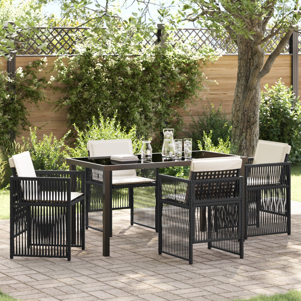 vidaXL 5-delat Trädgårdsmöbelset med Kuddar Svart Poly Rattan, vidaXL Trädgårdsbord Svart 140x80x73 cm Tempererat Glas