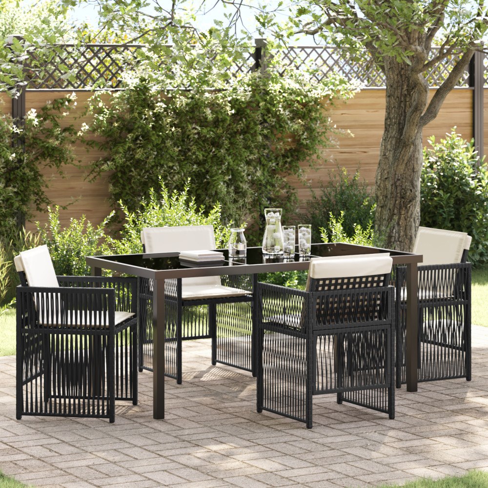 vidaXL 5 Delars Trädgårds Matset med Dynor Svart Poly Rattan, vidaXL Trädgårdsbord Svart 160x80x73 cm Tempererat Glas