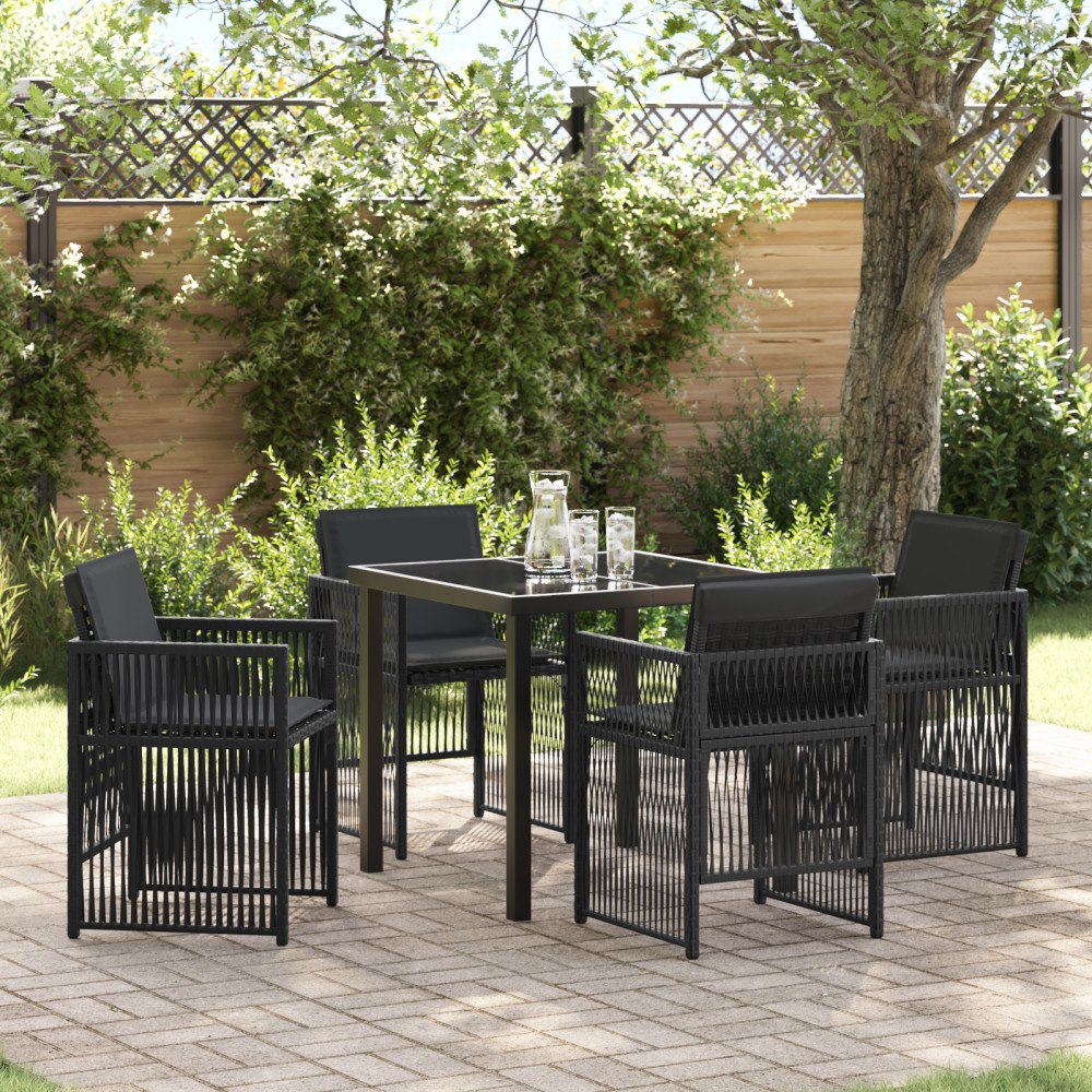 vidaXL 5-delad Trädgårds matgrupp med Kuddar Svart Poly Rattan, vidaXL Trädgårdsbord Svart 80x80x73 cm Tempererat Glas
