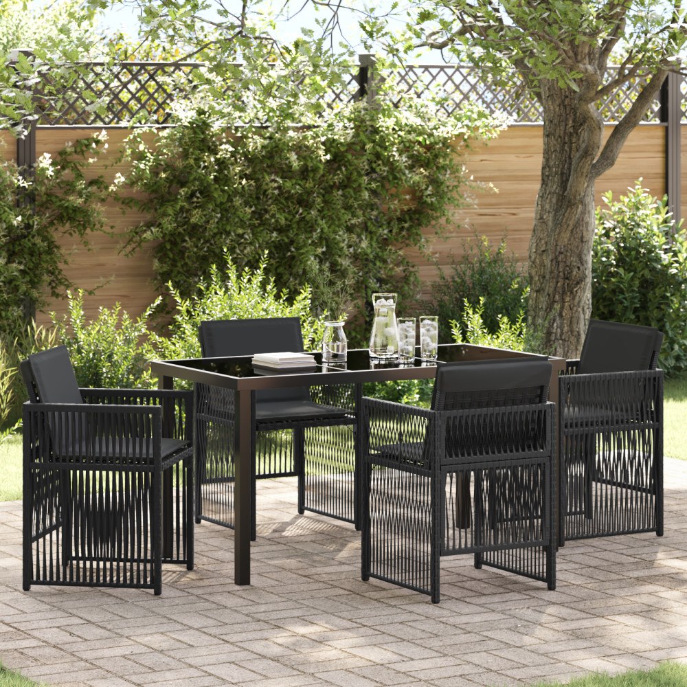 vidaXL 5-delat trädgårdsset med dynor svart poly-rattan, vidaXL Trädgårdsbord Svart 140x80x73 cm härdat glas