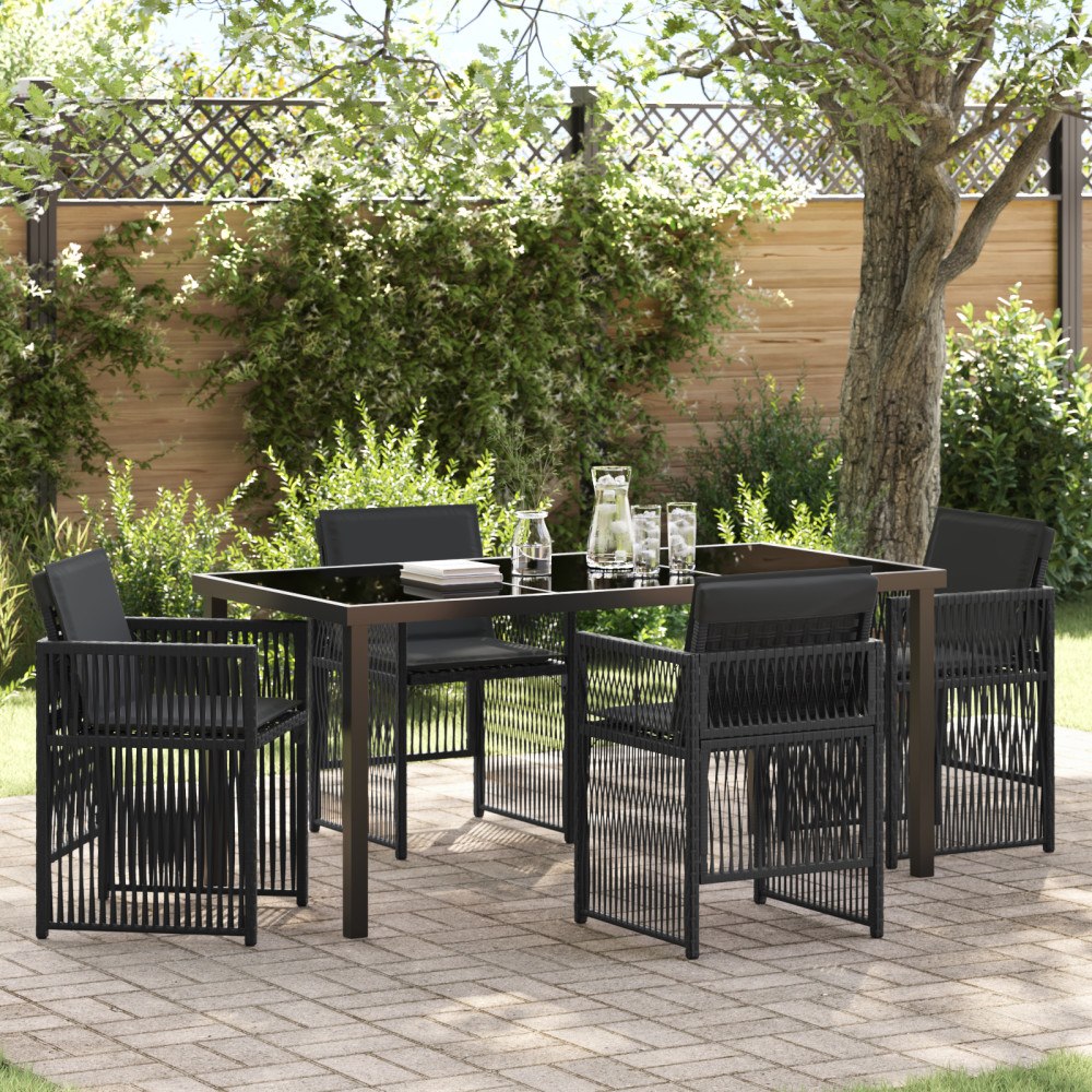 vidaXL 5-delad trädgårdsmatgrupp med kuddar Svart Poly Rattan, vidaXL Trädgårdsbord Svart 160x80x73 cm Härdat Glas