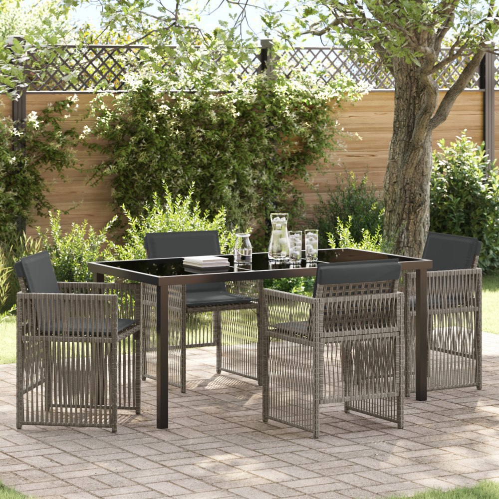 vidaXL 5-delad trädgårdsgrupp med kuddar Grå Poly Rattan, vidaXL Trädgårdsbord Svart 160x80x73 cm Härdat glas