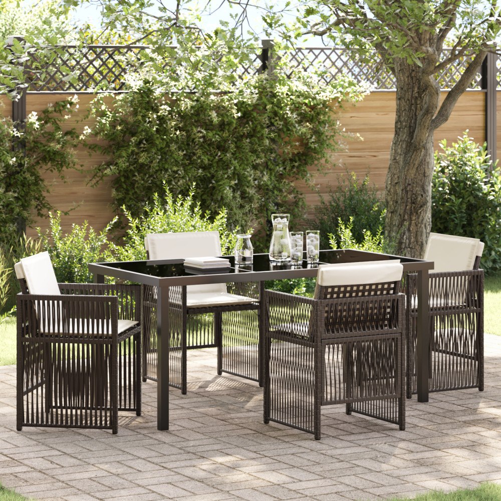 vidaXL 5-delat trädgårdsmöbelset med kuddar Brunt Poly Rattan, vidaXL Trädgårdsbord Svart 160x80x73 cm Tempererat glas