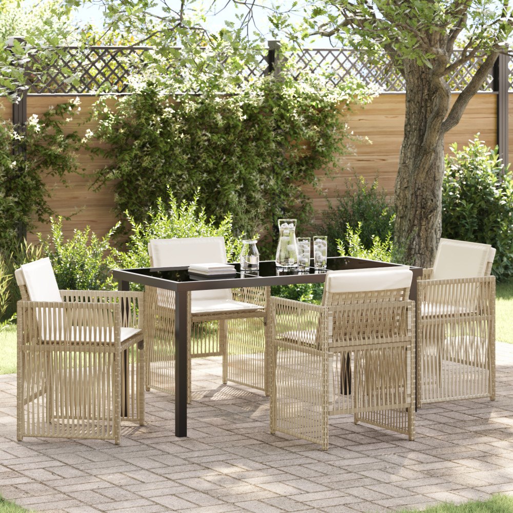 vidaXL 5-delat trädgårdsdining-set med kuddar i beige poly rotting, vidaXL trädgårdsbord svart 140x80x73 cm härdat glas