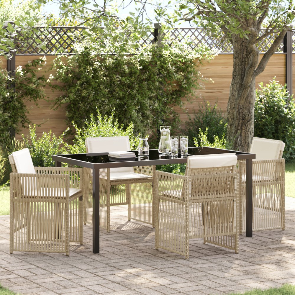 vidaXL 5-delat trädgårds matset med kuddar beige poly rattan, vidaXL Trädgårdsbord svart 160x80x73 cm härdat glas