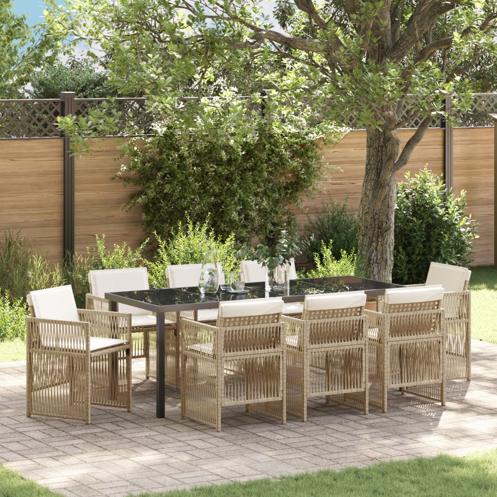 vidaXL 9-delars trädgårdsset med kuddar Beige poly rattan, vidaXL Trädgårdsbord svart 200x80x73 cm härdat glas