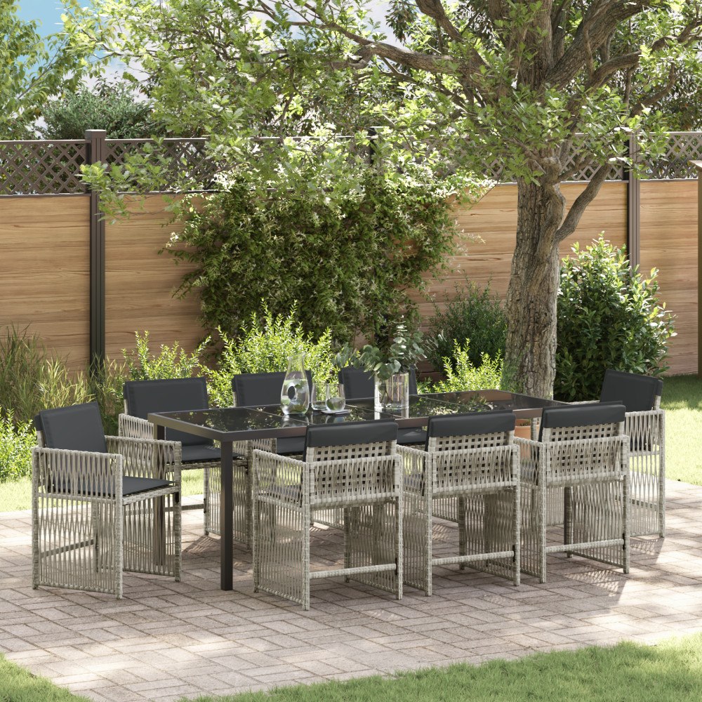 vidaXL 9-delat Trädgårdsmöbelset med kuddar Ljusgrå Poly Rattan, vidaXL Trädgårdsbord Svart 200x80x73 cm Härdat glas
