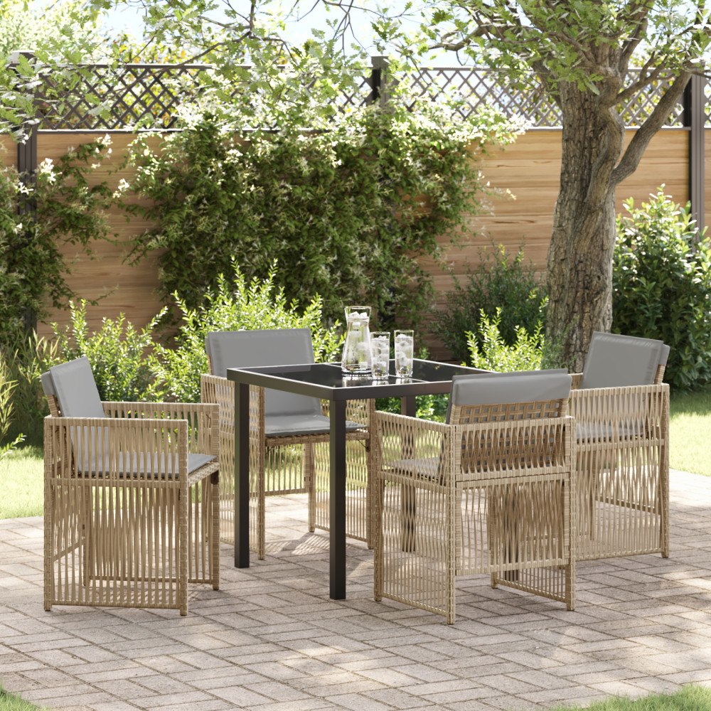 vidaXL 5-delat trädgårdsmöbelset med kuddar beige poly rattan, vidaXL Trädgårdsbord svart 80x80x73 cm härdat glas