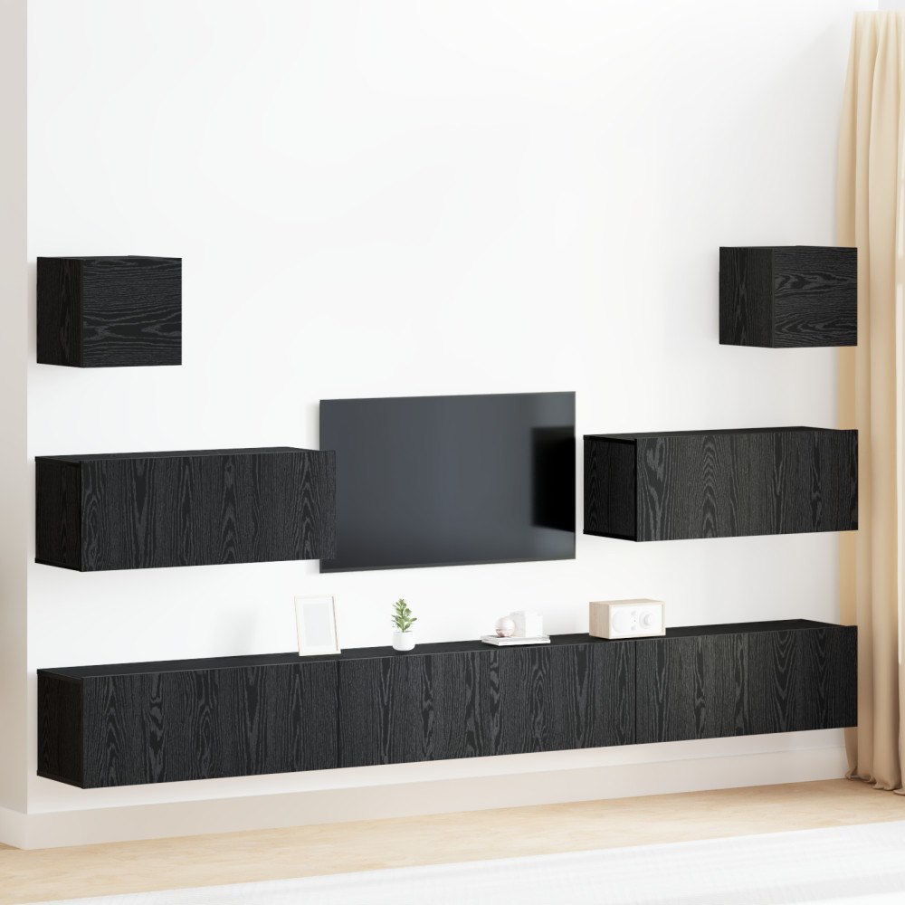 vidaXL 7 Delars TV-möbelset Väggmonterat Svart Ek Konstruerat Trä, vidaXL Svart Ek TV-ställ 80x30x30 cm Tillverkat av Konstruer...