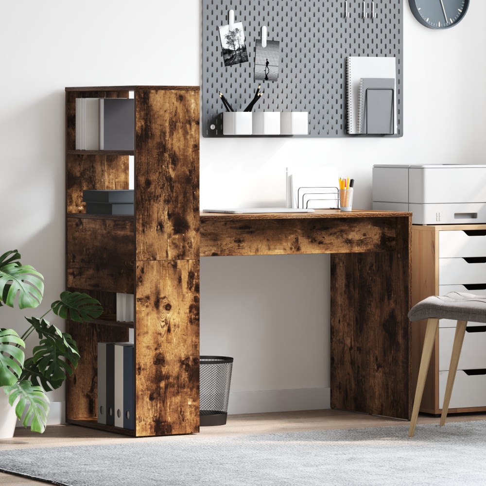 vidaXL Skrivbord med Förvaring Rökt Ek 113x54x120 cm Konstruerat Trä