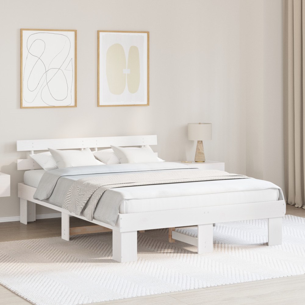 vidaXL Sängram med huvudgavel Vit 140x200 cm Massivt trä Tallträ