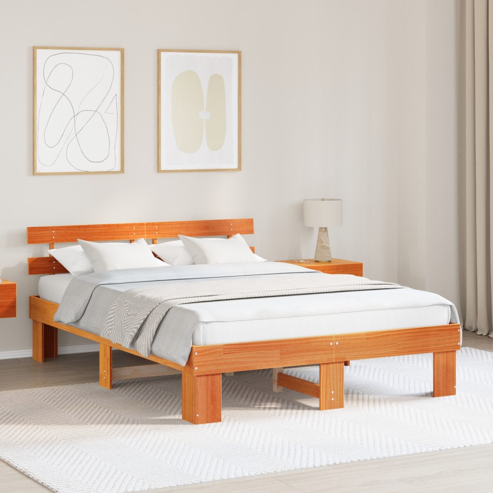 vidaXL Sängram med sänggavel Vaxad Brun 140x200 cm Massivt trä Tall