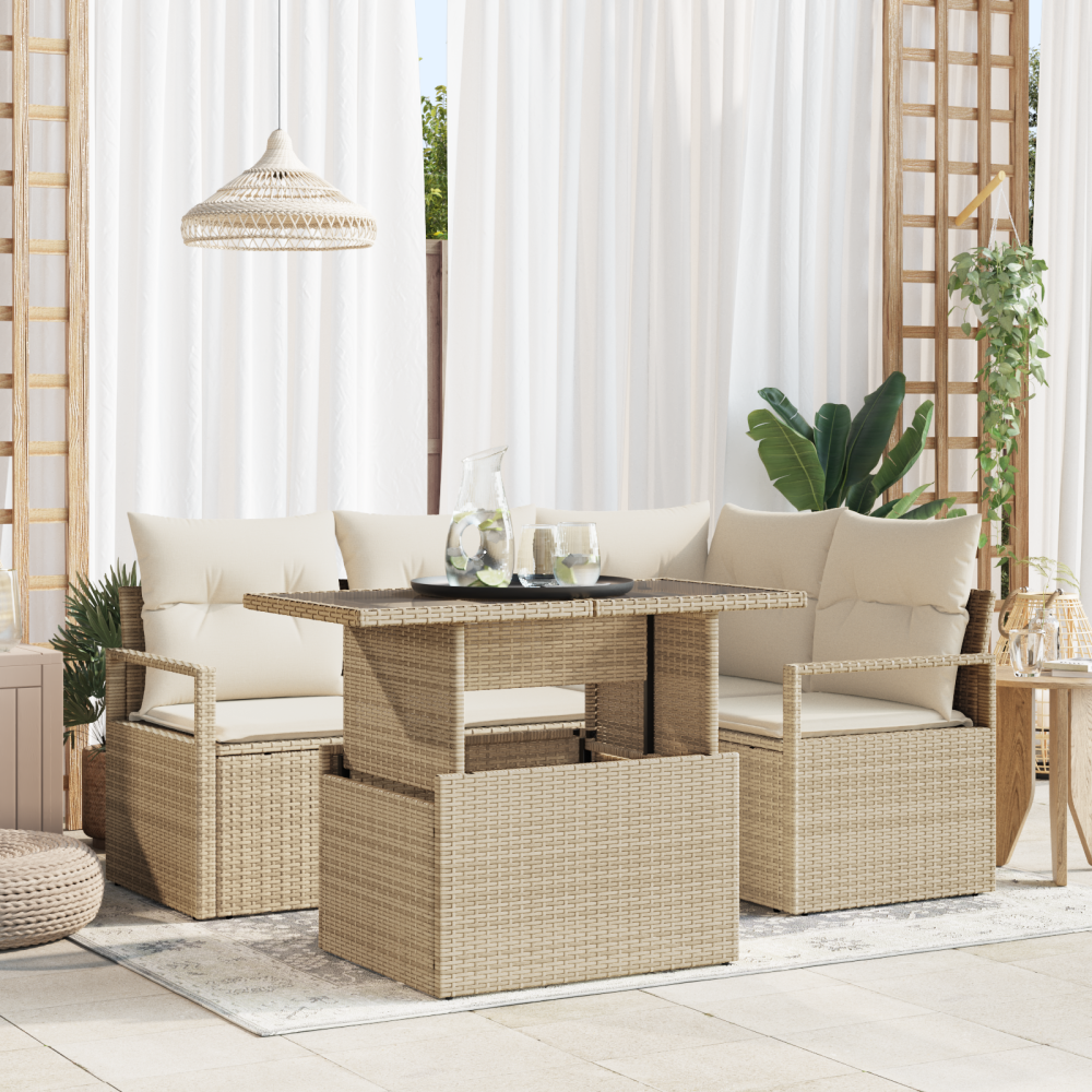 vidaXL 5-delars trädgårdssoffet med kuddar beige poly rattan