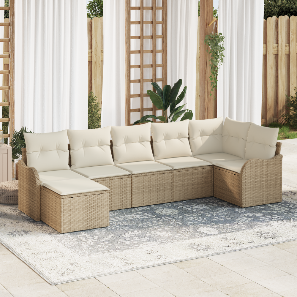 vidaXL 7 Delar Trädgårdsoffagrupp med Kuddar Beige Poly Rattan