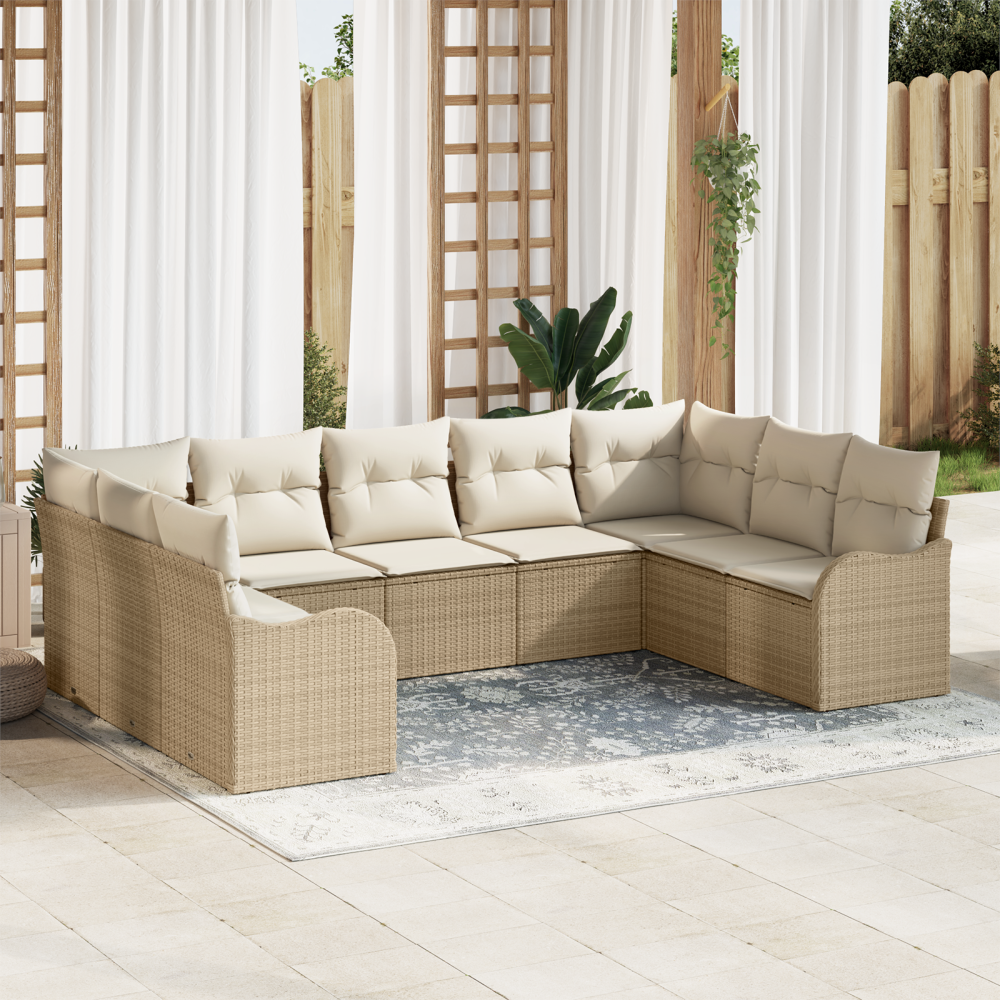 vidaXL 9 Delar Trädgårdsoffset med kuddar Beige Poly Rattan