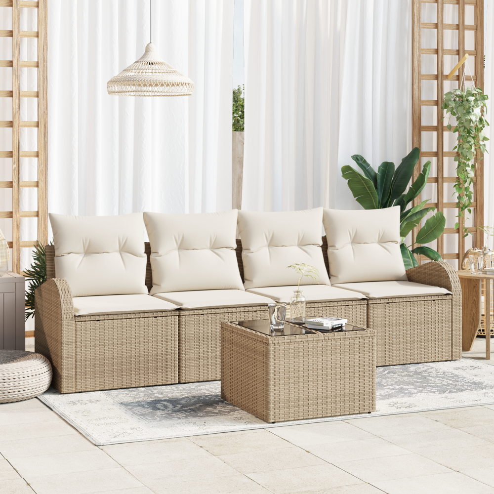 vidaXL 5-delat trädgårdssoffset med kuddar Beige Poly Rattan