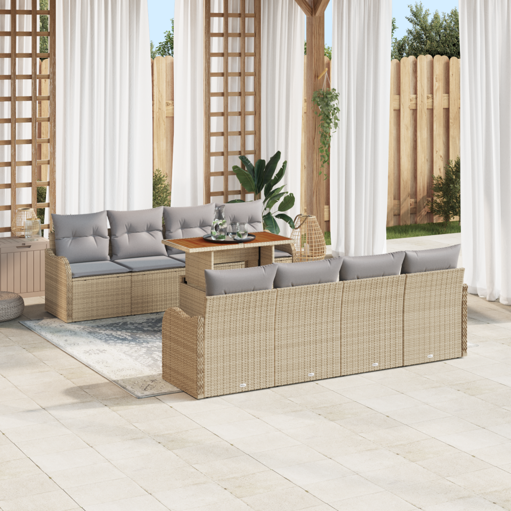 vidaXL 9-delars trädgårdsoffor med beige kuddar i polyrotting