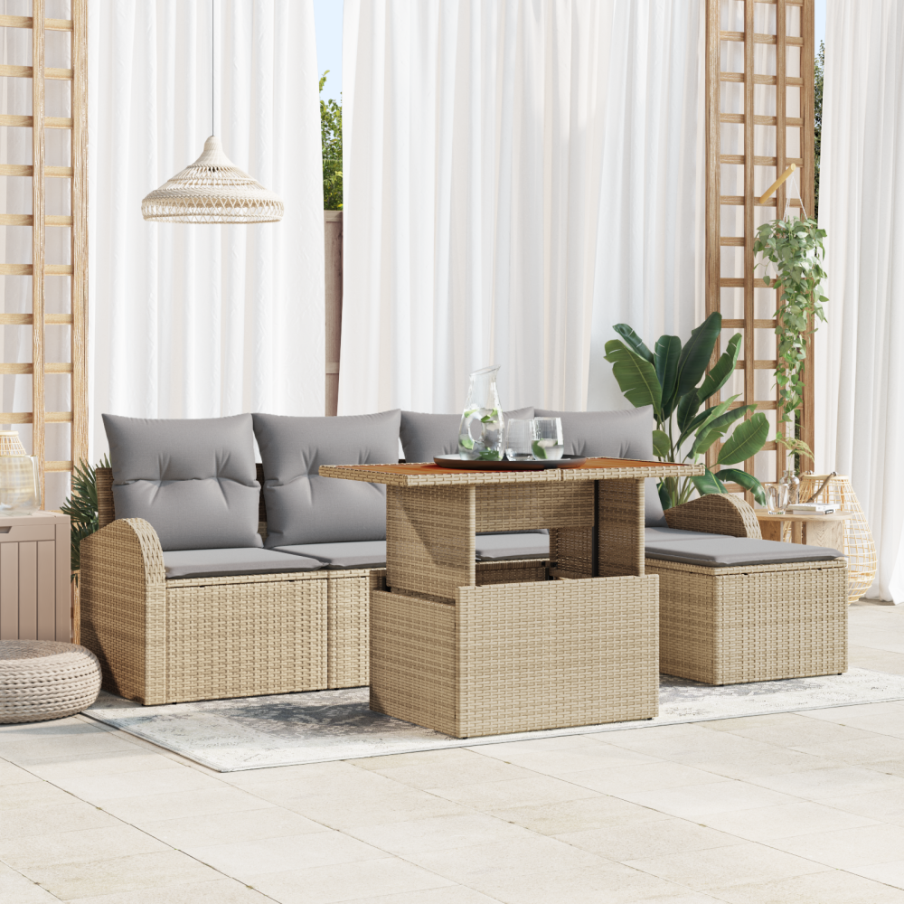 vidaXL 6-delars trädgårdsofa set med kuddar beige poly rattan