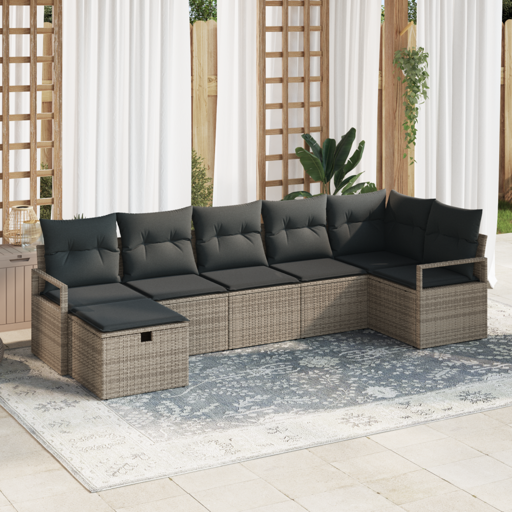 vidaXL Trädgårdsoffset med kudde med lagring 7 pcs Grå Poly rattan
