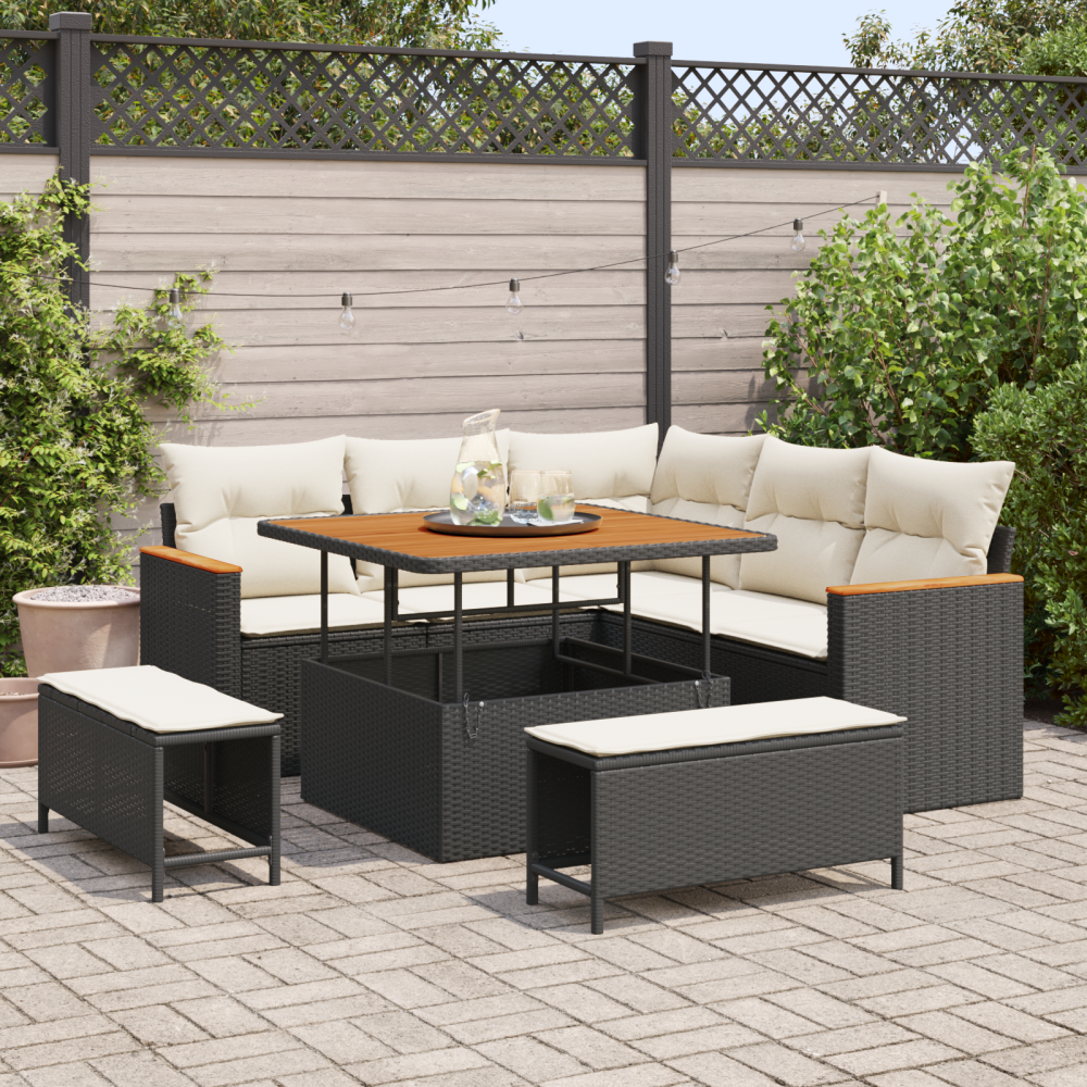 vidaXL 8-delat trädgårdsoffasett med kuddar svart poly rattan akacia