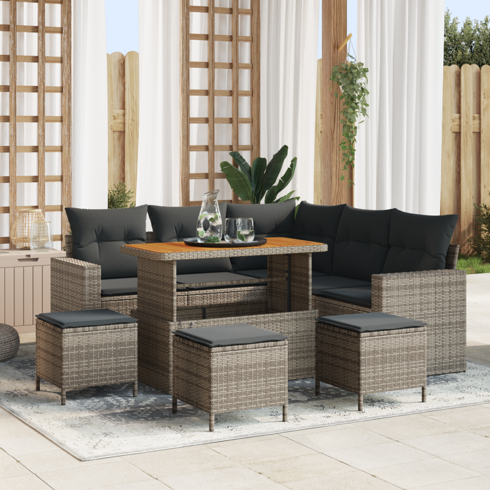 vidaXL 9-delad trädgårdsoffagrupp med kuddar Grå Poly Rattan Acacia
