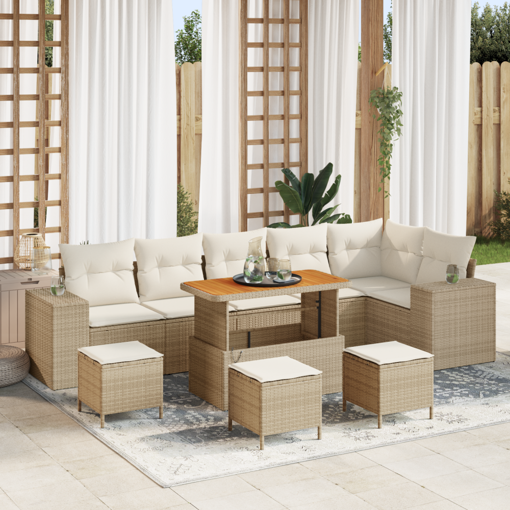 vidaXL 10-delars trädgårdsoff-set med kuddar beige polyrotting akacia
