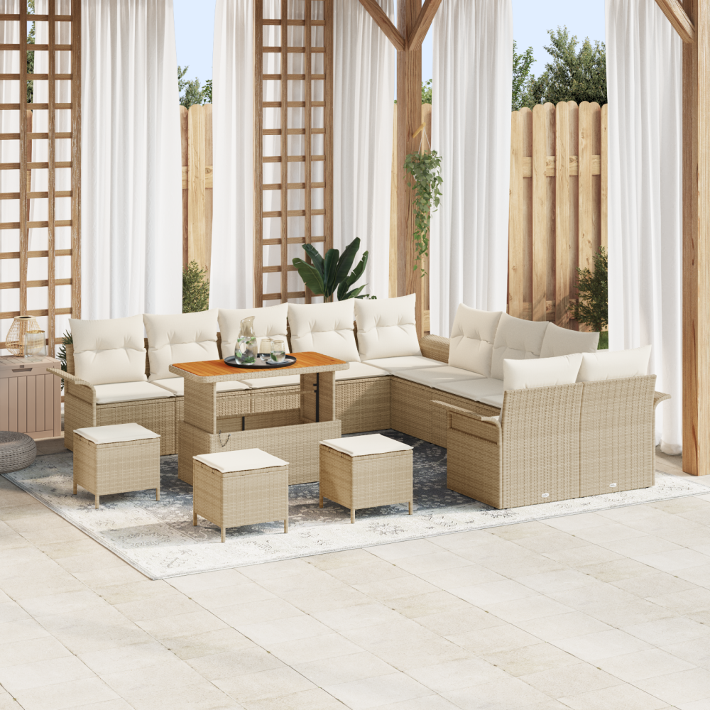vidaXL 14-delars trädgårdsoffaset med kuddar beige Poly Rattan Akacia