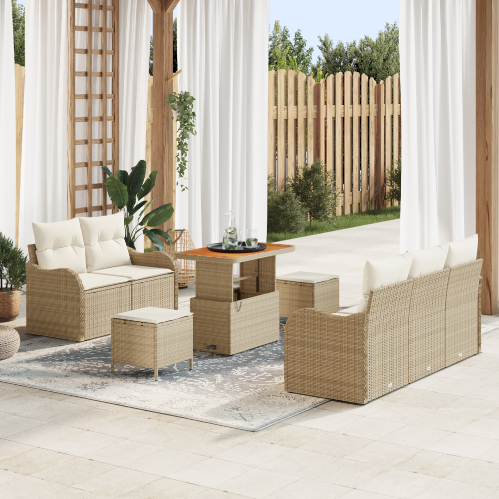 vidaXL 8-delat trädgårdsoff-set med kuddar Beige Poly Rattan Akacia