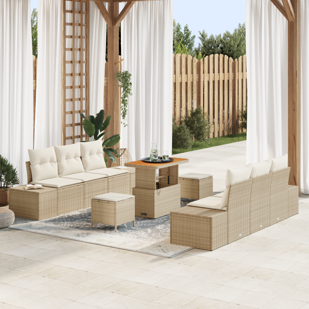 vidaXL 9-delad trädgårdsoffgrupp med kuddar Beige Poly Rattan Akacia